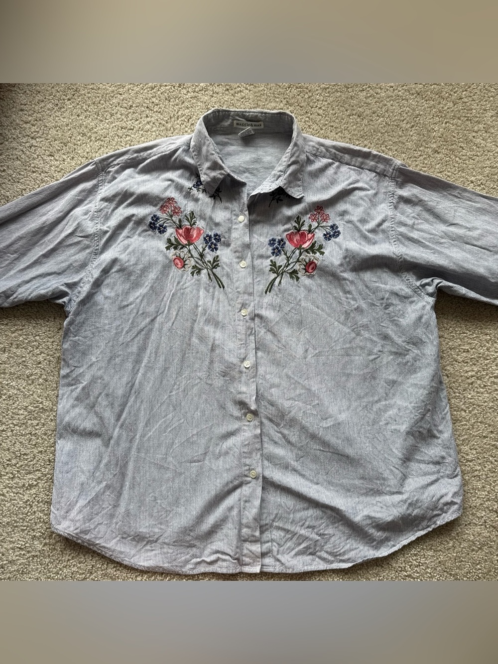 Maggie & Max Women’s Blue and White Button-Up Shirt with Embroidered Flowers
